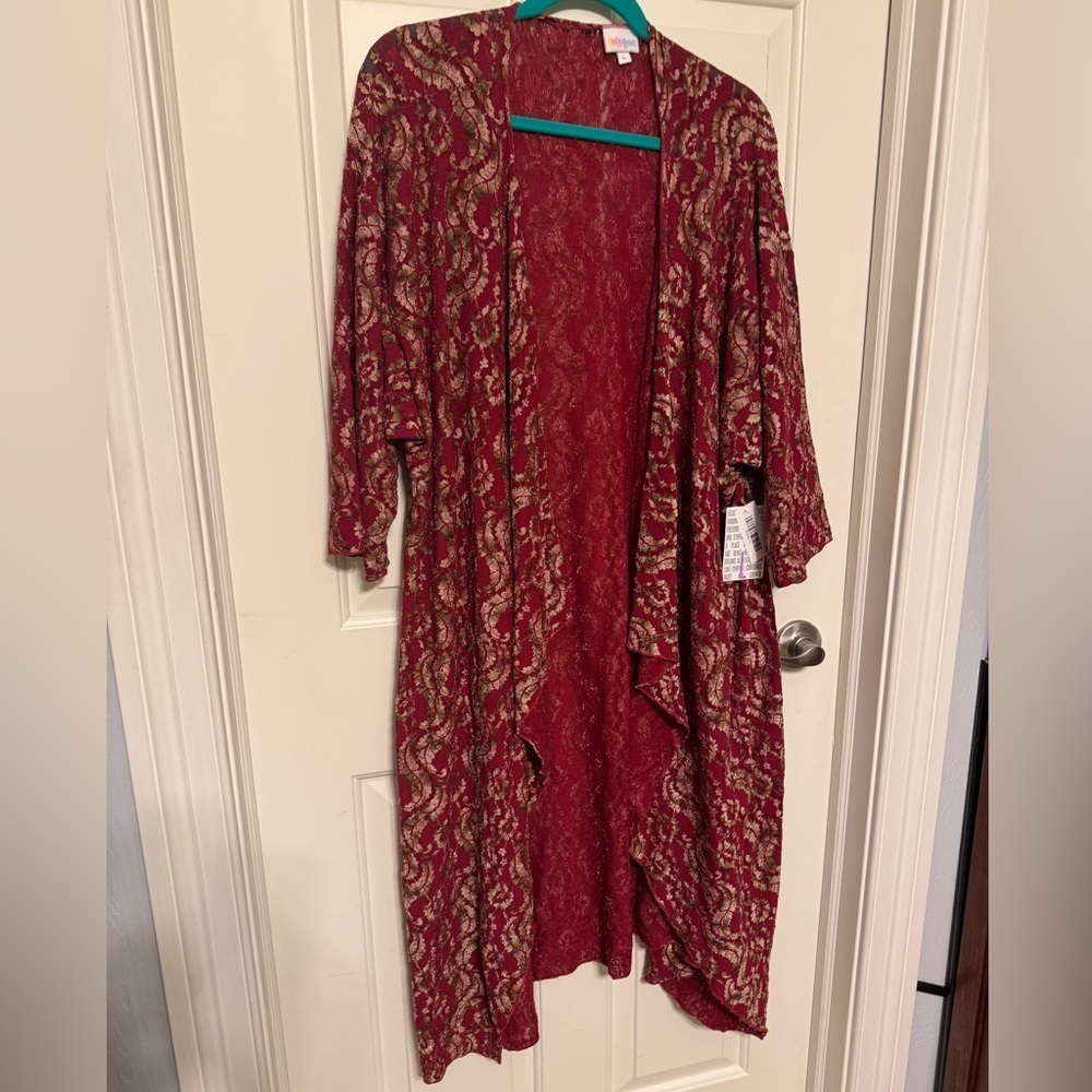 LuLaRoe Shirley Kimono Red Raspberry/Gold Lace Knit Open Front  Sweater Size Lar